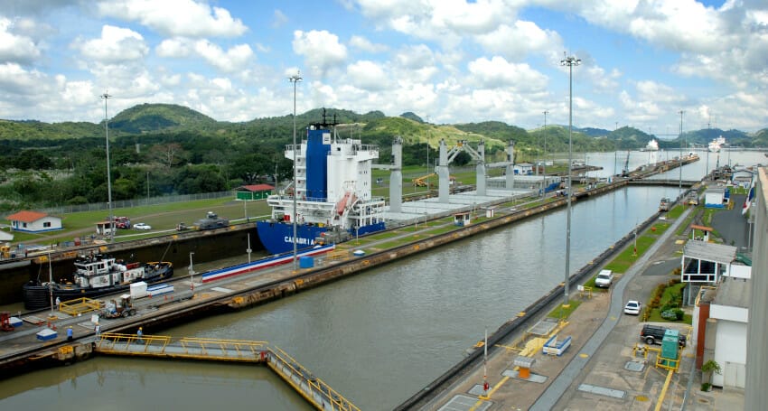 The innovative Panama Canal is a large civil engineering project with boats in it.